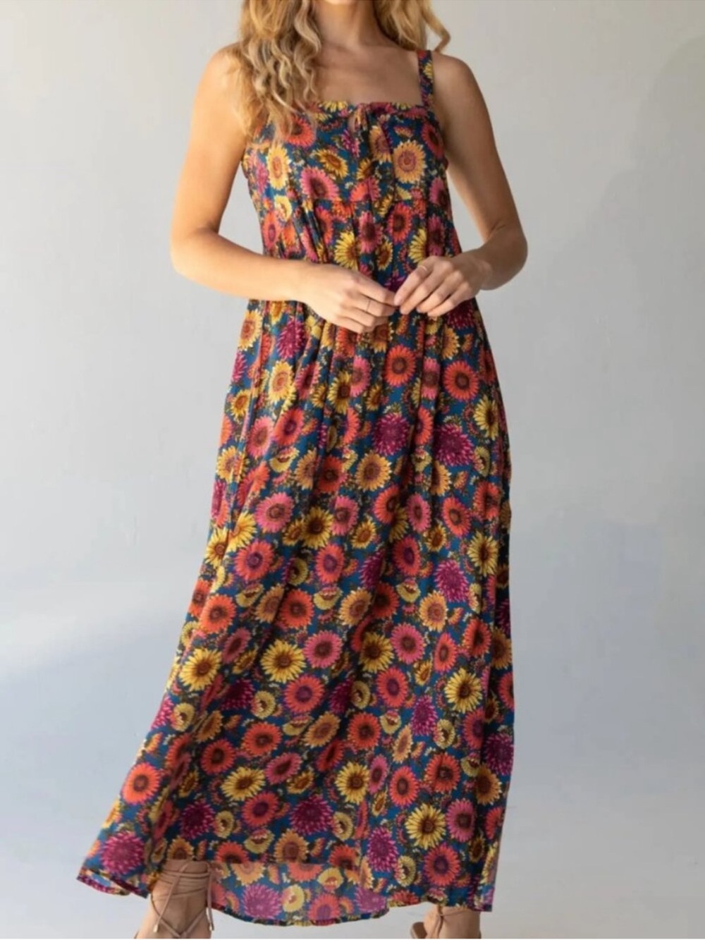 Natural Life Patti Tie-Front Maxi Dress Sunflower Floral Size M Bobo Hippie